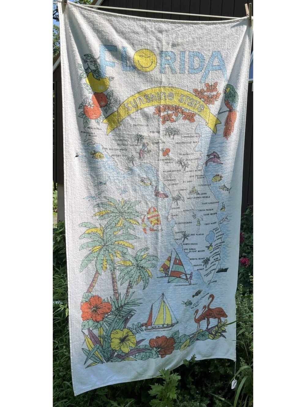 Beach Towel Vintage FLORIDA,  The Sunshine State Beach Scene 100% Cotton 31x60”